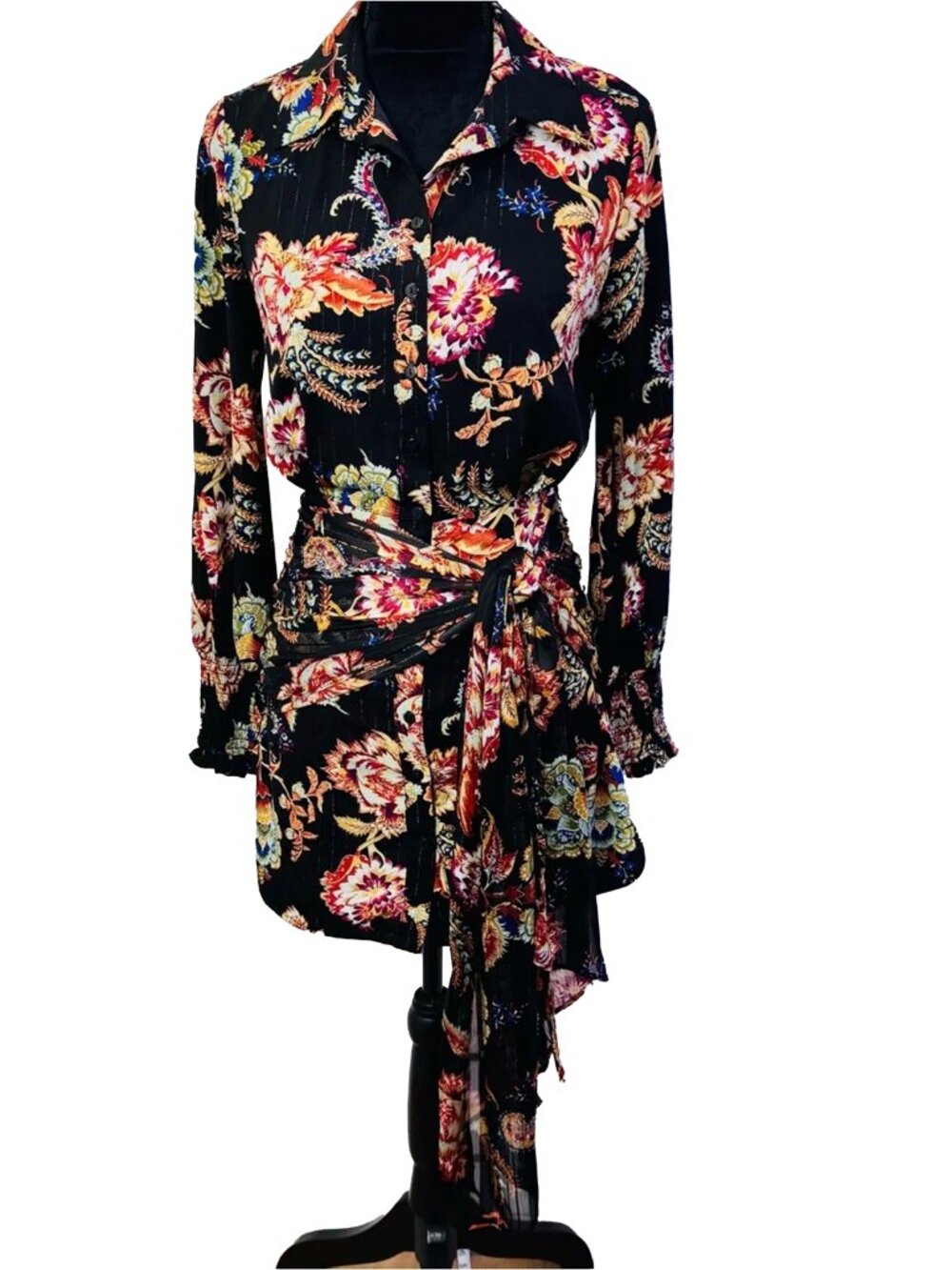 ELLIATT XS Black Floral Wrap Shirt Dress Long Sleeve Boho Cottagecore Chic